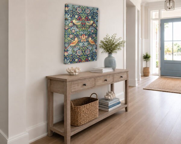 Strawberry Thief vertical canvas wall art in coastal entry way Strawberry Thief vertical canvas wall art in coastal entry way