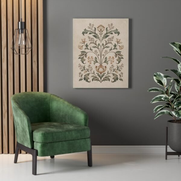 Botanical Motif canvas wall art above green chair Botanical Motif canvas wall art above green chair