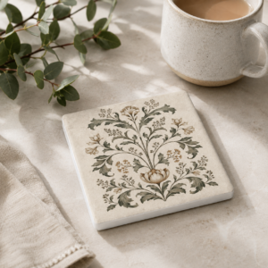 Botanical Motif ceramic tile coaster sitting on a table Botanical Motif ceramic tile coaster sitting on a table