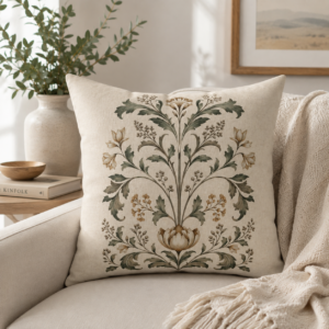 Botanical Motif decorative pillow on white couch