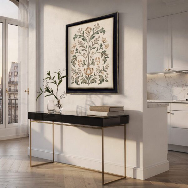 Botanical Motif in Black Gold frame above Table Botanical Motif in Black Gold frame above Table