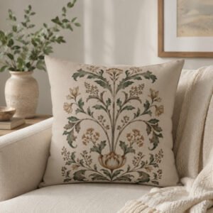 Botanical Motif pillow on off white couch