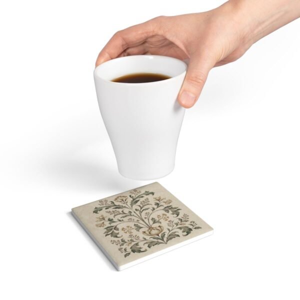 Botanical Motif square ceramic coaster with coffee cup above coaster