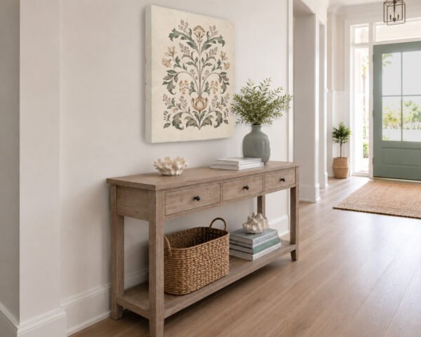 Botanical Motif unframed canvas wall art above table in entryway Botanical Motif unframed canvas wall art above table in entryway