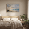 Coastal Dune Sunset canvas wall art with natural frame in bedroom