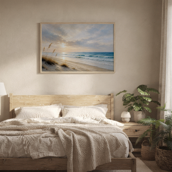 Coastal Dune Sunset canvas wall art with natural frame in bedroom