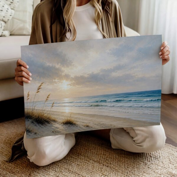 Coastal Dune Sunset fine art print with woman holding print