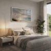 Coastal Dune Sunset wall art in natural frame in bedroom