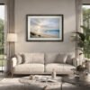 Coastal Dune Sunset wall art with black silver frame on living room wall
