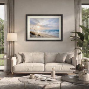 Coastal Dune Sunset wall art with black silver frame on living room wall