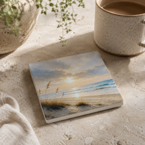 Coastal Dune Sunset ceramic tile coaster sitting on a table