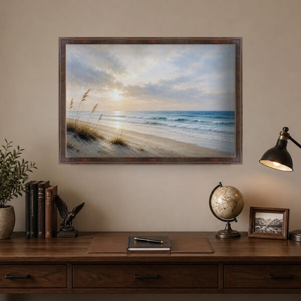 Coastal Dune Sunset canvas wall art with black gold frame in 98a30d1b 6a72 411c 8460 91526eb325c4