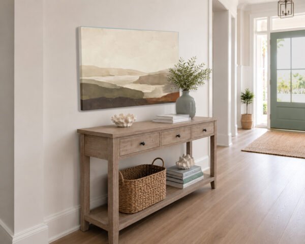 Earthy Abstract Landscape canvas wrapped wall art in entry way