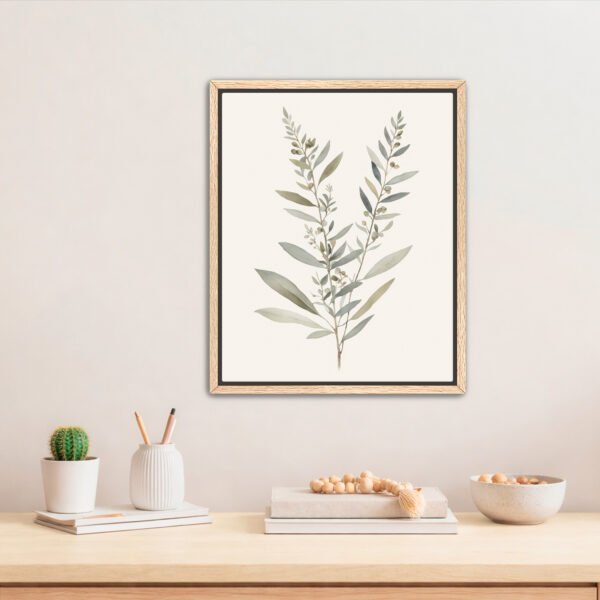 Tranquil Bontanical canvas wall art with oak floating frame above desk Tranquil Bontanical canvas wall art with oak floating frame above desk