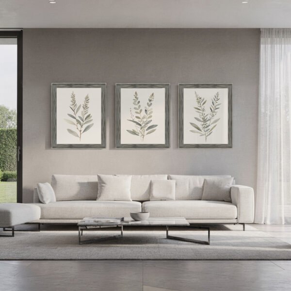 Tranquil Botanical Trio wall art in driftwood gray frames in living room Tranquil Botanical Trio wall art in driftwood gray frames in living room