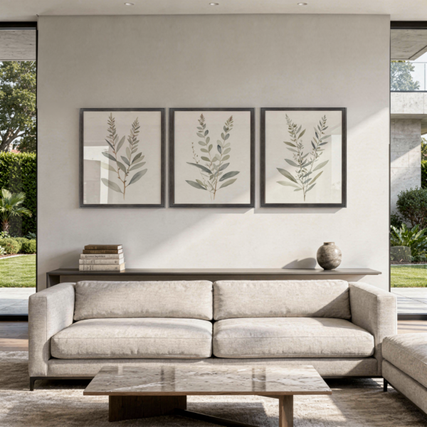 Tranquil Botanical Trio with black silver frame in living room Tranquil Botanical Trio with black silver frame in living room