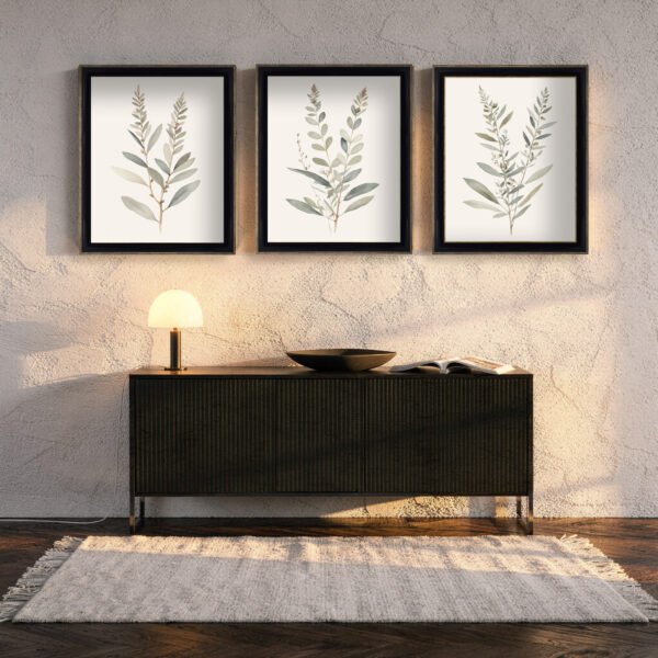 Tranquil Botanical canvas wall art set in black gold frames in entryway Tranquil Botanical canvas wall art set in black gold frames in entryway