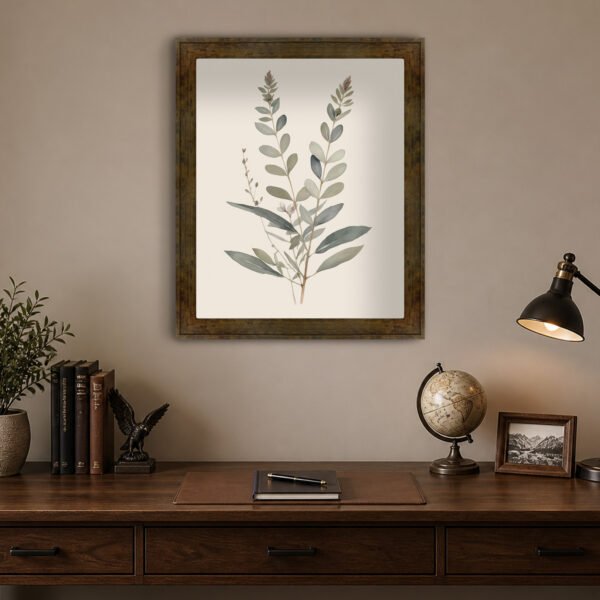 Tranquil Botanical canvas wall art with espresso gold frame in office Tranquil Botanical canvas wall art with espresso gold frame in office