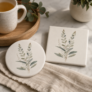 Tranquil Botanical ceramic tile coasters round and square on table Tranquil Botanical ceramic tile coasters round and square on table