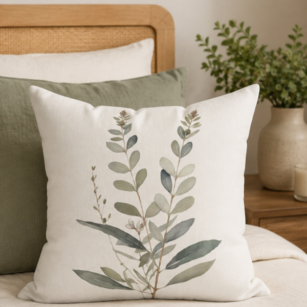 Tranquil Botanical throw pillow on bed with sage green pillow