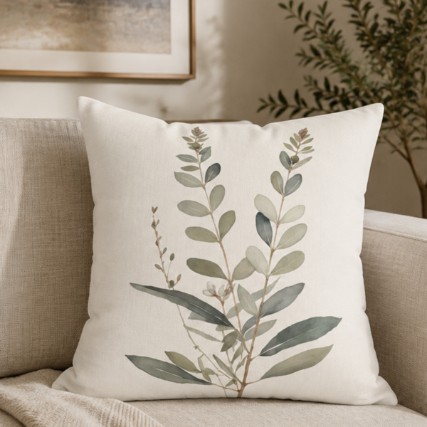 Tranquil Botanical throw pillow on beige couch