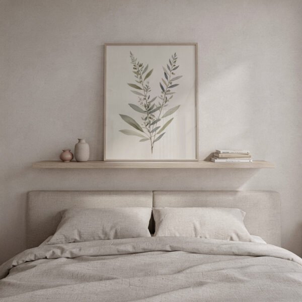 Tranquil Botanical wall art with natural frame in bedroom Tranquil Botanical wall art with natural frame in bedroom