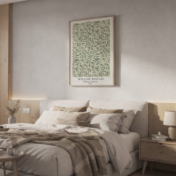 Willow Bough poster in natural frame above bed
