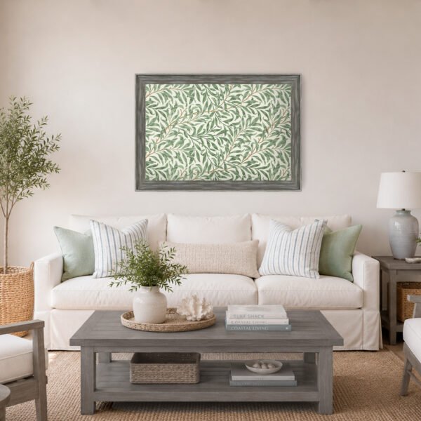 Willow Bough with driftwood gray frame above couch in living room