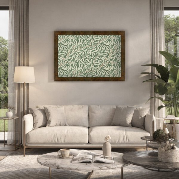 Willow Bough with espresso gold frame above couch in living room