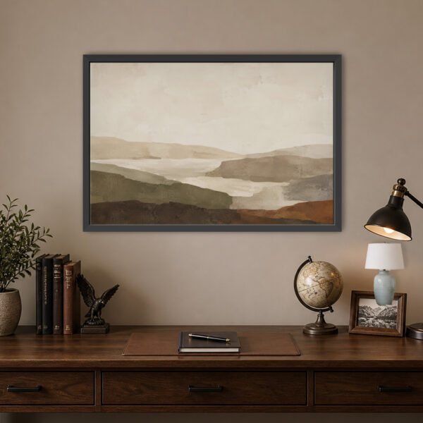 Earthy abstract landscape canvas wall art with black gallery frame