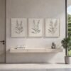 Tranquil Botanical primary room mockup Tranquil Botanical wall art in 3 piece set with natural gallery frames in a modern home.