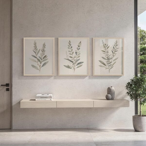 Tranquil Botanical primary room mockup Tranquil Botanical wall art in 3 piece set with natural gallery frames in a modern home.