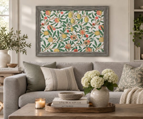 Fruit canvas wall art above gray couch