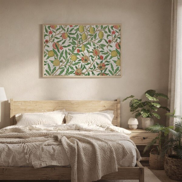 Fruit canvas wall art in natural frame above bedroom