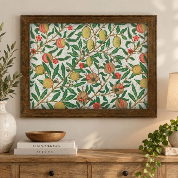 Fruit canvas wall art on wall above dresser