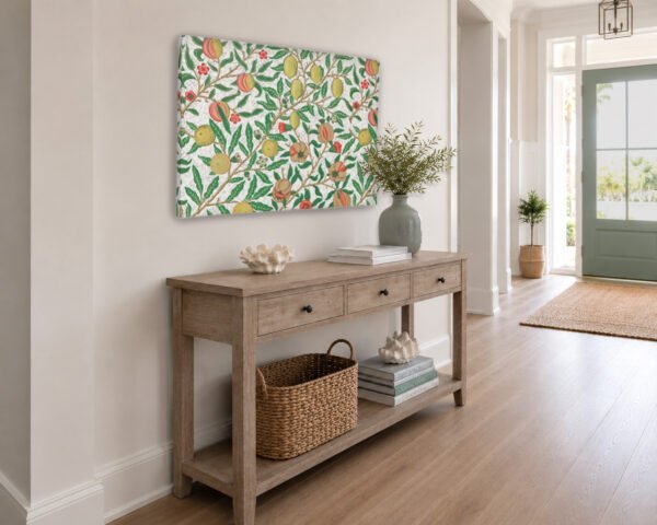 Fruit unframed canvas wall art in entryway above table