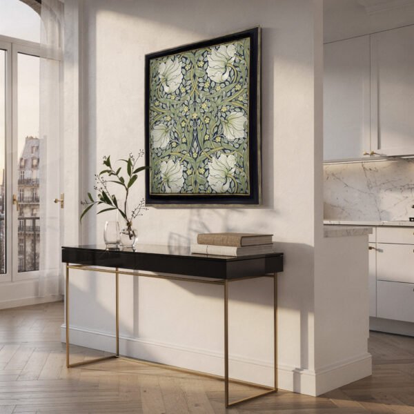 Pimpernel canvas wall art above black gold console table