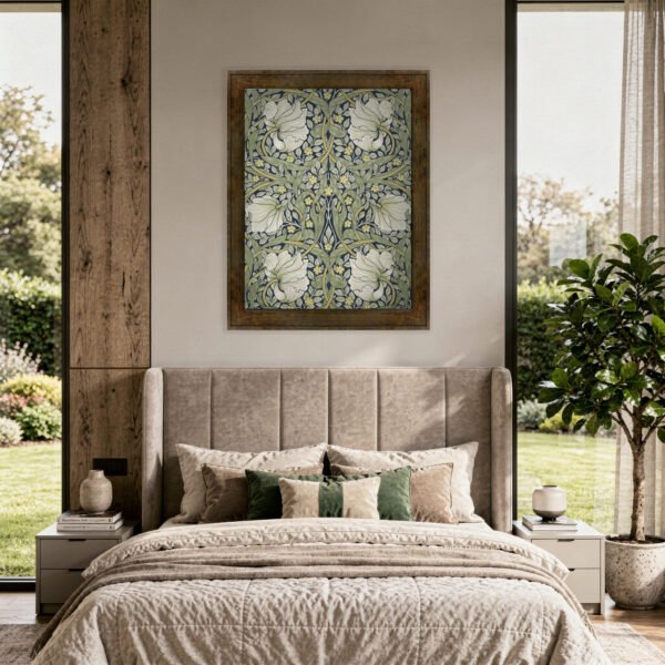 Pimpernel canvas wall art in espresso gold frame above bed in bedroom