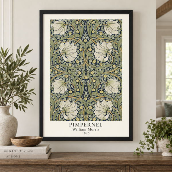 Pimpernel fine art giclee print in black frame above wood table Pimpernel fine art giclee print in black frame above wood table