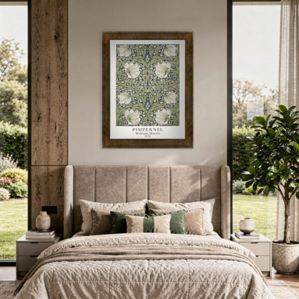 Pimpernel fine art print in espresso gold frame above bed in bedroom Pimpernel fine art print in espresso gold frame above bed in bedroom
