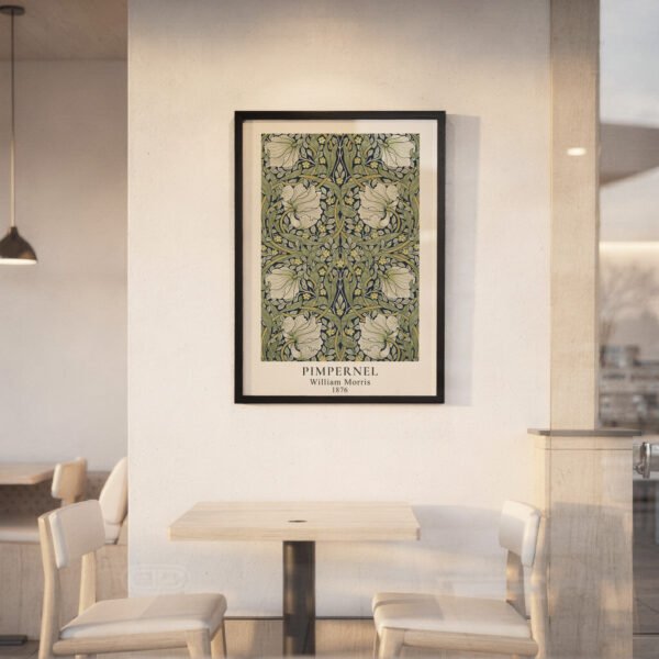 Pimpernel giclee art print in black frame in cafe Pimpernel giclee art print in black frame in cafe