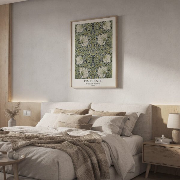 Pimpernel poster art print in natural frame above bed Pimpernel poster art print in natural frame above bed